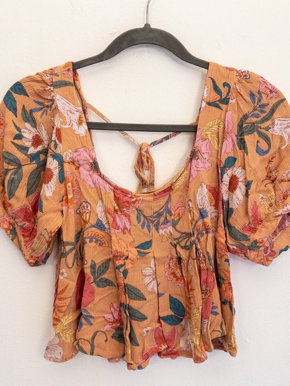 O'Neill Floral Peplum Top Puff Sleeve Cottagecore Boho Tie Back XS